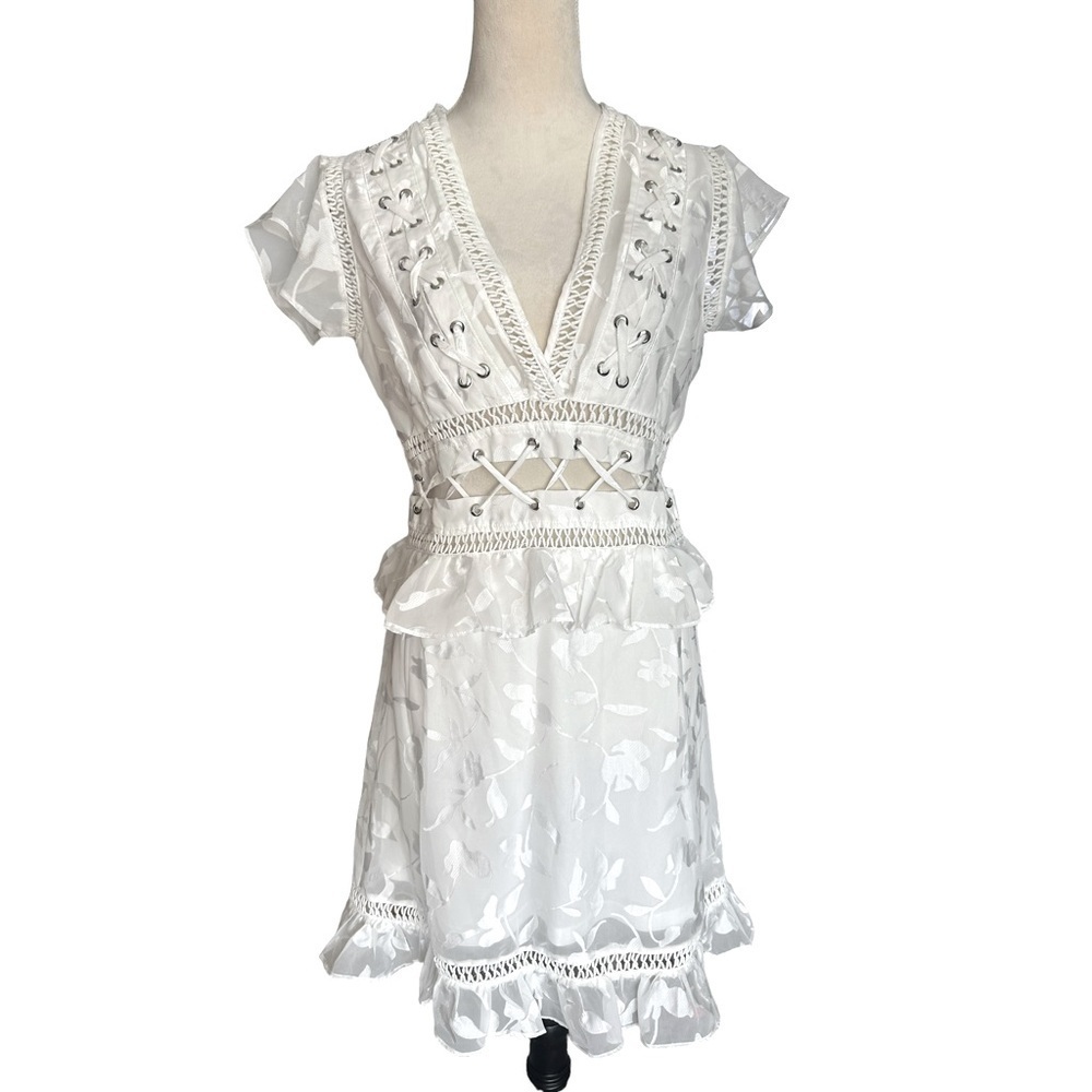 Aqua white lace up cut out peplum v-neck printer white floral dress
